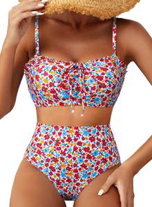 lot 12372 image: Herseas Womenfts Cute High Waisted Modest Bikini Bright Multicolor Floral L