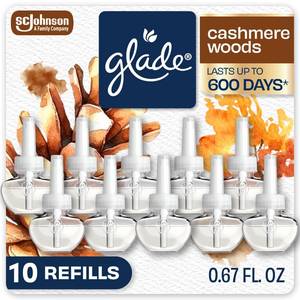 lot 12376 image: Glade PlugIns Refills Air Freshener, Scented and Essential Oils for Home and Bathroom, Cashmere Woods, 6.7 Fl Oz, 10 Count