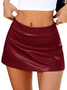lot 12384 image: ELLEVEN Low Rise Mini Leather Skirt with Shorts Sexy Stretchy Pleather Skorts Y2k Rave Club Outfit Micro Skirt Red Medium