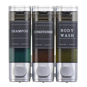 lot 12406 image: Shampoo and Conditioner Dispenser,Shower Soap Dispenser 3 Chamber No Drill Wall-Mounted for Bathroom and Hotel Leak-Proof Pumps, for Thick Liquids Like Conditioner - 1050ML High Capacity, Silver