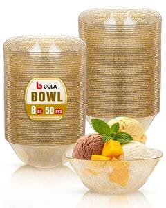 lot 12410 image: bUCLA 50Pack Gold Glitter Plastic Small Bowls - 8oz Disposable Ice CreamSalsaDippingDessertSauceSmall Serving Bowls for Party
