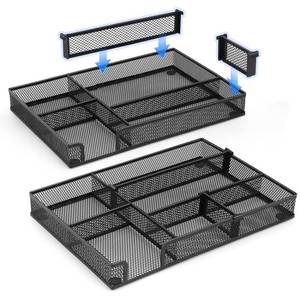 lot 12417 image: Desk Drawer Organizer, 2 Pack Junk Drawer Organizer Tray with 2 Adjustable Compartments, Desktop Metal Mesh Office Desk Organizer, Multifunction Pen Organizer Set for Office School Makeup Supplies (2)