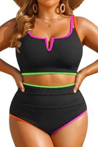 lot 12432 image: Women Plus Size High Waisted Bikini Ribbed Two Piece Tummy Control Swimsuit 16W