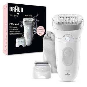 lot 12442 image: Braun Epilator Silk-pil 7, Hair Removal Device, Women Shaver and Trimmer, Wet and Dry, Wide Head, Includes Shaver Head and Trimmer Comb, SE7-041, Silver (Used)