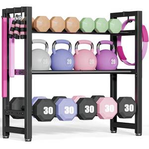 lot 13415 image: 3-Tier Small Weight Rack for Home Gym, Adjustable Dumbbell Rack 450LBS Capacity with Side Hooks, Space Saving Workout Equipment Storage Organizer, Tool-free Assembly