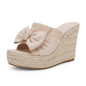 lot 13428 image: PiePieBuy Womens Platform Espadrilles Slip On Wedge Sandals Bow Tie Open Toe Slides Shoes, Beige, Size 9.5