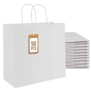 lot 13435 image: PAICUIKE 50 Pcs White Kraft Paper Bags with Handles, 11x6x11 Inch Shopping Gift Bags for Valentine�s Day, Retail, Parties, Weddings, Birthdays, Gift Packaging