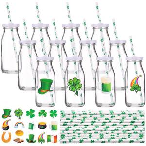 lot 13442 image: Nuenen St. Patrickfts Day Cups Sets Including 12 Pieces Reusable Glass Bottle Milk Bottle with Metal Screw on Lids and 50 Pieces Straw and 100 Pieces Cute Sticker