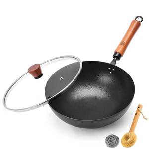 lot 13450 image: WANGYUANJI 11 Inch Round Bottom Iron Wok, Hand-Hammered Uncoated Wok with Wooden Handle, Traditional Stir-Fry Pan for Gas Stove or Wok Ring, Not for Flat Cooktops