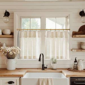 lot 14245 image: jinchan Linen Pinch Pleated Back Tab Tier Curtains,26x30,2 Panels,Natural