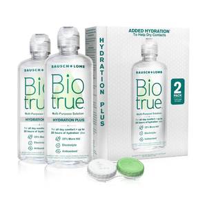 lot 14247 image: Biotrue Hydration Plus Contact Lens Solution with Lens Case, Multi-Purpose Solution for Soft Lenses, Hydrates with Hyaluronan, Cleans, Clears, and Disinfects for All-Day Comfort, 10 Fl Oz (Pack of 2)