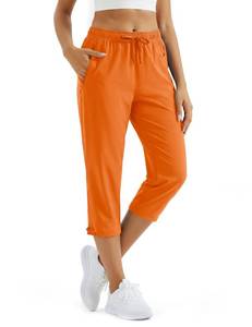 lot 14271 image: MAGCOMSEN Capri Pants for Women Lightweight Quick Dry Hiking Capris Pockets Travel Workout Casual Summer Orange 2XL