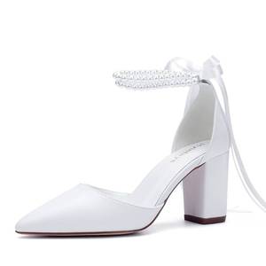 lot 14275 image: Hyinlays Block Heel Wedding Shoes for Bride Women Closed Toe Chunky Heeled Sandals Pearl Bridal Shoes White US10