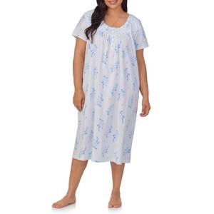lot 14299 image: Carole Hochman Pajamas for Women Nightgown - Floral Cotton Knit Lightweight 44in Short Sleeve Waltz Sleep Dress, Blue Floral Stripe, Small
