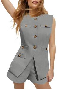 lot 14307 image: Tankaneo Womens 2 Piece Outfits Casual Suit Sets Sleeveless Button Down Blazer Vest Shorts Office Business Matching Set, Grey, X-Large