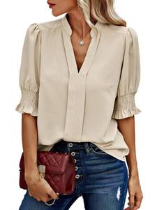 lot 14310 image: Angashion Women Tops Short Sleeve - Summer Casual V Neck Solid Color Flowy Trendy Tunic Blouses Shirt Beige Large