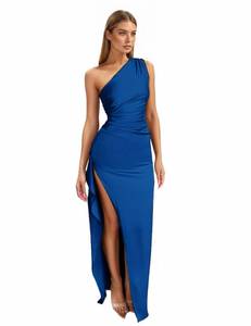 lot 14320 image: Zeflows Womens One Shoulder Ruched Satin High Slit Dress, Royal Blue-M