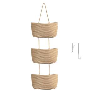 lot 14321 image: TeoKJ Over the Door Hanging Basket, 3-Tier Woven Cotton Wall-Mounted Storage Organizer Bag Decorative Hanging Nursery Baskets, Jute