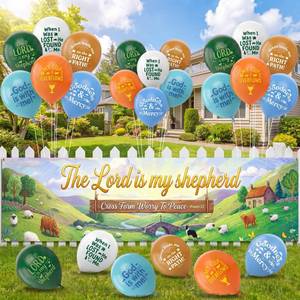 lot 14331 image: Thenshop 31 Pcs 2026 Vbs Backdrop 8.7 x 2 ft Vbs Shepherds Background Banner and Balloon with Ribbon 2026 Emerald Isle Theme Decoration Bible School Backdrop for Wall Home Classroom Summer Booth Props