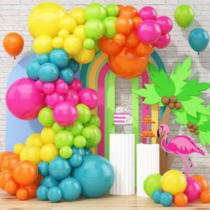 lot 14350 image: 141 Pcs Rainbow Neon Balloon Arch Kit, Hot Pink Lime Green Orange Slate Blue Yellow Hawaiian Summer Tropical Balloon Garland for Hawaiian Luau Aloha Birthday Pool Back to School Party Decorations