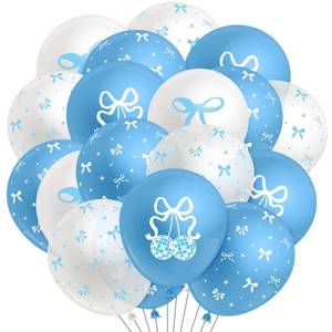lot 14355 image: K1tpde Blue Coquette Bow Balloons - 50PCS Blue Bow and White Cherries Latex Balloons Set for Kids Baby Shower, Coquette Birthday Picnic Party Decoration for Girls, Bridal Wedding Party Decor for Women