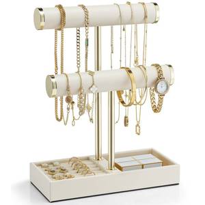 lot 14379 image: VLANDO 2 Tier Bracelet Holder Organizer with Tray - Leather Jewelry Stand Organizer for Women - Jewelry Holder Display for Necklace, Watches, Rings, Earrings, Bangle, Scrunchie - Cloud White