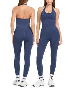 lot 14411 image: MOOSLOVER Women 2 Piece Workout Sets Halter Sports Bra Butt Lifting Leggings Gym Yoga Outfits(L,Blue)