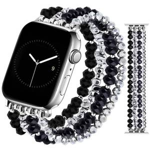 lot 14417 image: JR.DM Beaded Bracelet Bands Women Compatible with Apple Watch 38mm 40mm 41mm 42mm(S1011) Stretch Handmade Dressy Crystal Strap Replacement for iWatch Series 1110987654321SE, Black Silver