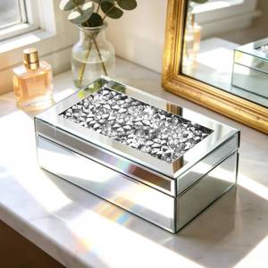 lot 19798 image: Poayewly Luxury Mirrored Jewelry Box with Crushed Diamond - Glass Jewelry Box Organizer Storage for Women, Ring Holder Case for Dresser and Decorative