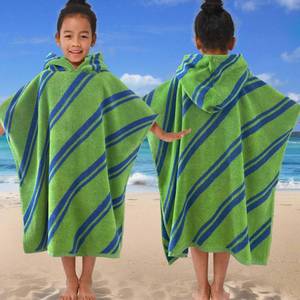lot 19808 image: VOOVA and MOVAS Hooded Poncho Towel for Kids, 4-8 Years,Soft,Green Stripe