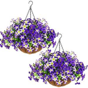 lot 19821 image: 2 Set Artificial Petunias Flowers with Hanging Baskets, 24 Pcs Silk Petunia UV Resistant Purple Faux Petunias Flowers with Hanging Planter for Front Door Porch Spring Outside Decor (2, Purple)
