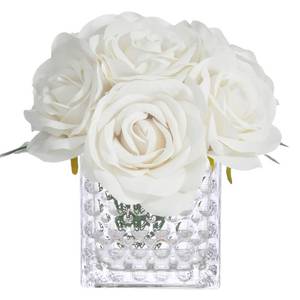 lot 19844 image: Fule Artificial Silk Rose Flower Centerpiece Arrangement in Glass Vase with LED Light for Home Wedding Decoration (Ivory)