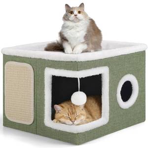 lot 19849 image: Shikha Cat House Bed for Indoor Cats with Fluffy Ball and Scratch Pad Green