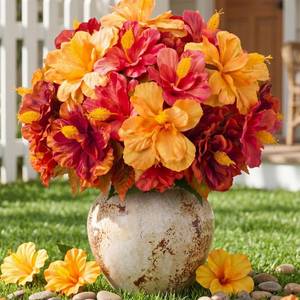 lot 19850 image: FineCheer 12 Bundles Artificial Hibiscus Flowers for Outdoor Decoration Fake Tropical Flowers UV Resistant Faux Silk Planter for Outside Porch Spring Front Door Decor (OrangeYellow)