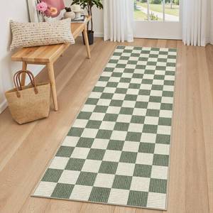 lot 19853 image: LIVEBOX Washable Runner Rug Checkered, 2x6 Green Runner Rugs for Hallway, Non-Slip Kitchen Runners, Farmhouse Neutral Classic Geometric for Hallways, Entryway, Bedroom, Bathroom(Green 2ftx6ft)