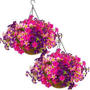 lot 19856 image: 2 Set Artificial Outdoor Petunias Flowers with Hanging Baskets, 24 Pcs UV Resistant Faux Petunias Flowers with Hanging Planter for Front Door Porch Spring Outside Decor (2, RoseRed,RedViolet)