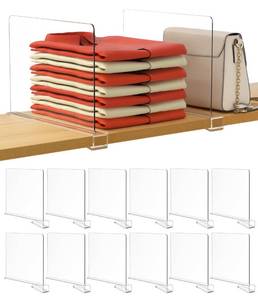 lot 19858 image: HBlife 12 Pcs Clear Acrylic Shelf Dividers, Vertical Purse Organizer for Closet Perfect for Sweater, Shirts, Handbags in Bedroom and Kitchen, Closet Separators for Organization Cabinet