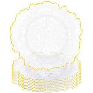 lot 19864 image: Tomeurperf 10Pcs Clear Charger Plates Bulk Wedding - 13in Premium Plastic Ruffled Gold Rim Chargers with Flora Reef DesignDecorative Dinner Charger Plates for Events and Parties