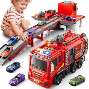 lot 20279 image: XINNOVEL Fire Trucks Toys for Toddlers Ages 3-5, Folded Carrier Truck Race Track with with Lights and Sounds and 6 Racing Car Toys, Birthday Gift for 3 4 5 6 7 8 Years Old Boys Girls