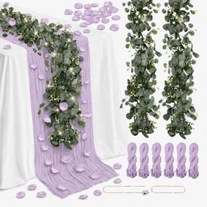 lot 20288 image: Cinrobiye 11PCS Boho Cheesecloth Table Runner Set with Rose Petals, 120 Inch Gauze Table Runner, Wrinkled Napkins, Eucalyptus Garland and String Lights for Wedding Baby Shower Tea Party Decorations