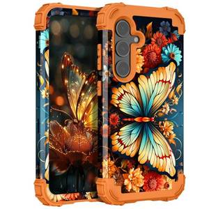 lot 20295 image: Hocase for Galaxy S24 Plus Case, Shockproof Heavy Duty Protection Soft Silicone Rubber BumperHard Plastic Hybrid Protective Case for Samsung Galaxy S24 Plus (6.7in) 2024 - Butterfly in Orange