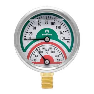 lot 20298 image: Roastove Tridicator, Thermo-Manometer, 2-12in, Silicone Oil Filled, 0-160psi30-250 deg F, Stainless Steel Case, 14in NPT Lower Mount Pressure Gauge