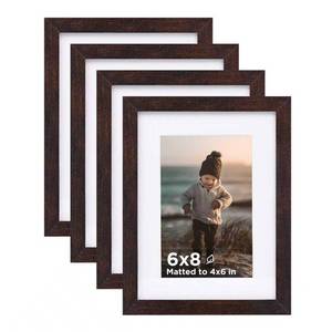 lot 20319 image: KINLINK 6x8 Picture Frame Brown Set of 4, Wooden Photo Frames Matted 4x6 with Plexiglass for 4x6 with Mat or 6x8 without Mat for Table and Wall Display