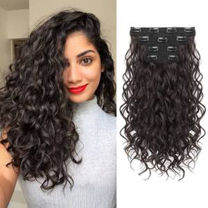 lot 20371 image: REECHO Curly Hair Extensions, 4PCS 16 inch Clip in Hair Extensions Lace Weft Short Curly Clip Ins Invisible Natural Hairpieces for Women, Dark Brown