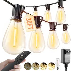 lot 20390 image: luckystyle 30FT LED Outdoor String Lights with Remote, 10 1 Shatterproof Bulbs Waterproof and Dimmable Patio Lights for Porch, Garden, Backyard, Deck, Balcony, 2700K Hanging Lighting