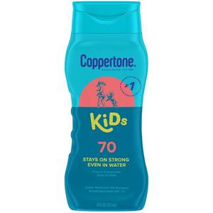 lot 20402 image: Coppertone Kids Sunscreen Lotion SPF 70, Water Resistant Sunscreen for Kids, 8 Fl Oz Bottle