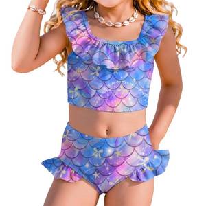 lot 20403 image: Xaatren Toddler Girl 2 Piece Ruffle Swimsuits, Blue Purple, 7-8 Years