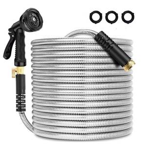 lot 20409 image: Stainless Steel Metal Garden Hose 25 FT,No Kink Garden Water Hose with 8 Pattern Spray Nozzle for Yard, Outdoor,Flexible,Never Kink and Tangle, Puncture Resistant,Black