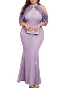 lot 20415 image: ZOMVA Plus Size Sparkly Halter Neck Dress Chiffon Cape Sleeve Bodycon Mermaid Maxi Dresses Cocktail Party Formal Club, Purple, 0X