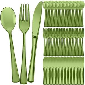 lot 1427 image: Minatee 150 Pieces Disposable Cutlery Set Plastic Silverware Heavy Duty Utensil Sets 50 Forks 50 Knives 50 Spoons for Home Office School Party Picnics Restaurant Outdoor Events(Olive Green)